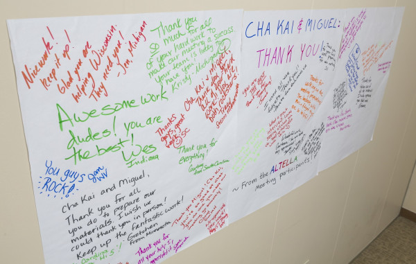 Colleagues show their appreciation to Cha Kai and Miguel for all they do to support WIDA and ALTELLA staff.